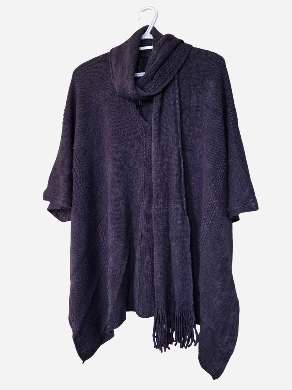LOF Navy Knit Poncho with Attached Scarf